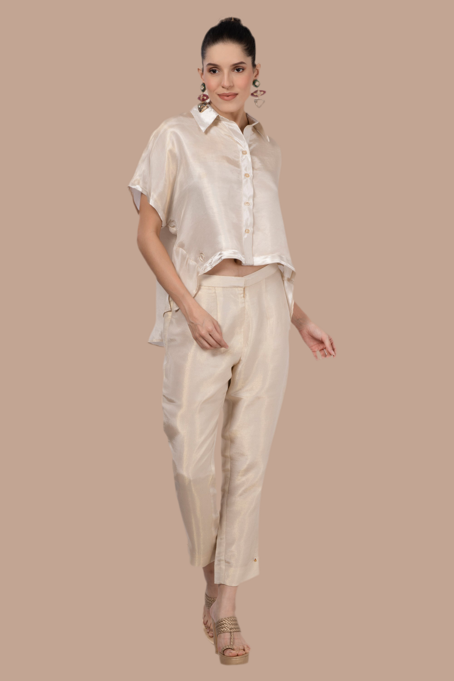 Cream-Gold embroidered short top