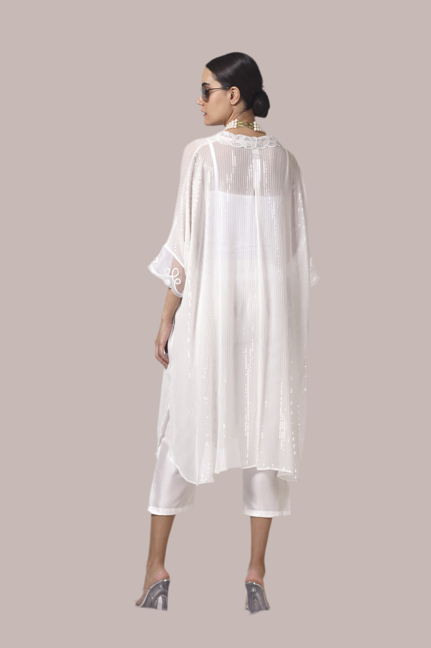 White Sequin Co-ord Set with lace collar & cuff (top+trousers+slip)