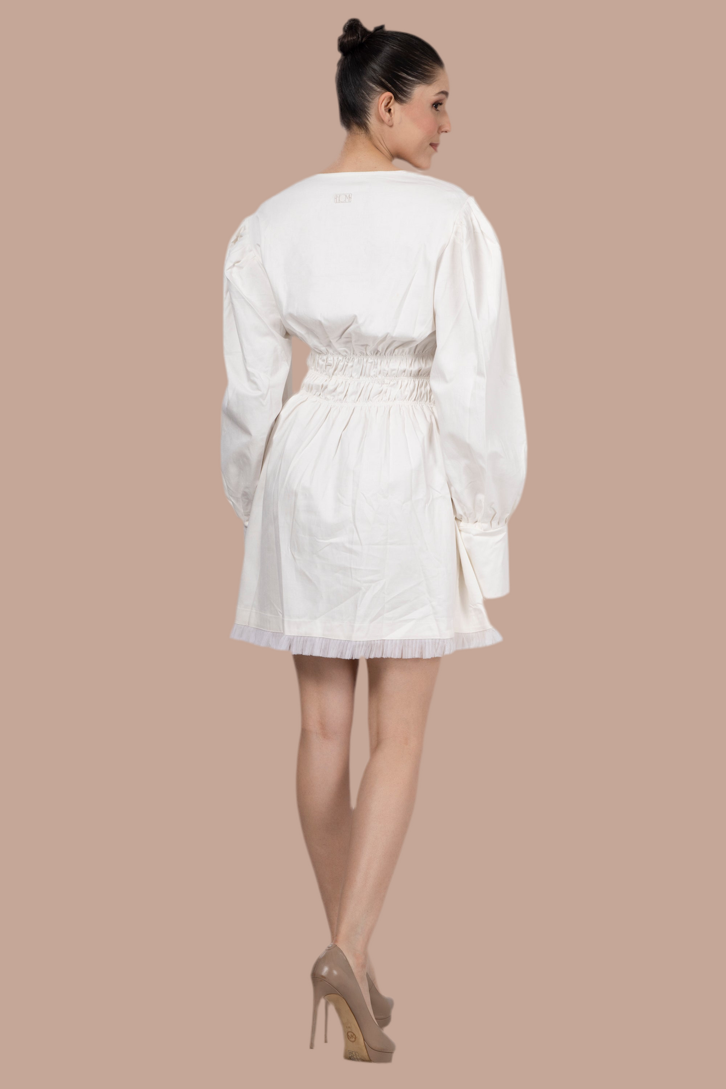 White cotton denim exaggerated sleeve dress with elastic waist and motif
