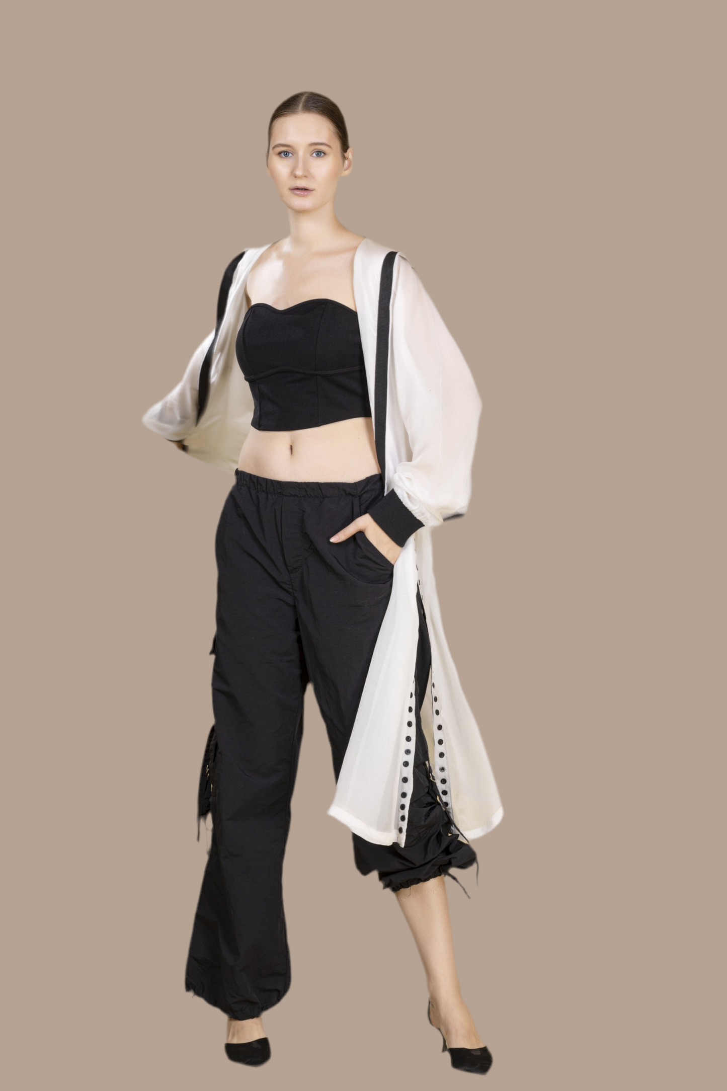 White long organza bomber with hoodie finished in black tape