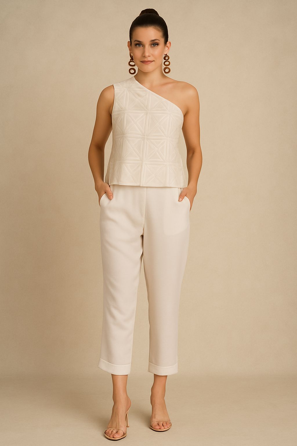 Cream One Shoulder lace waistcoat in embroidered fabric with sequins (no lining in the back)