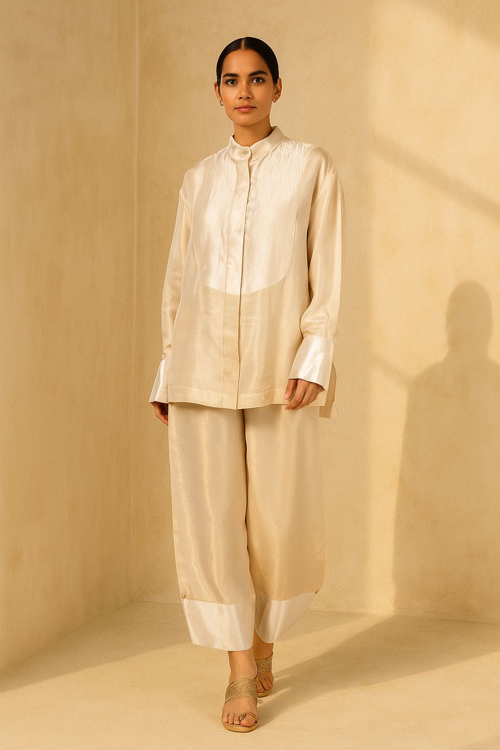 Cream-Gold Embroidered yolk shirt