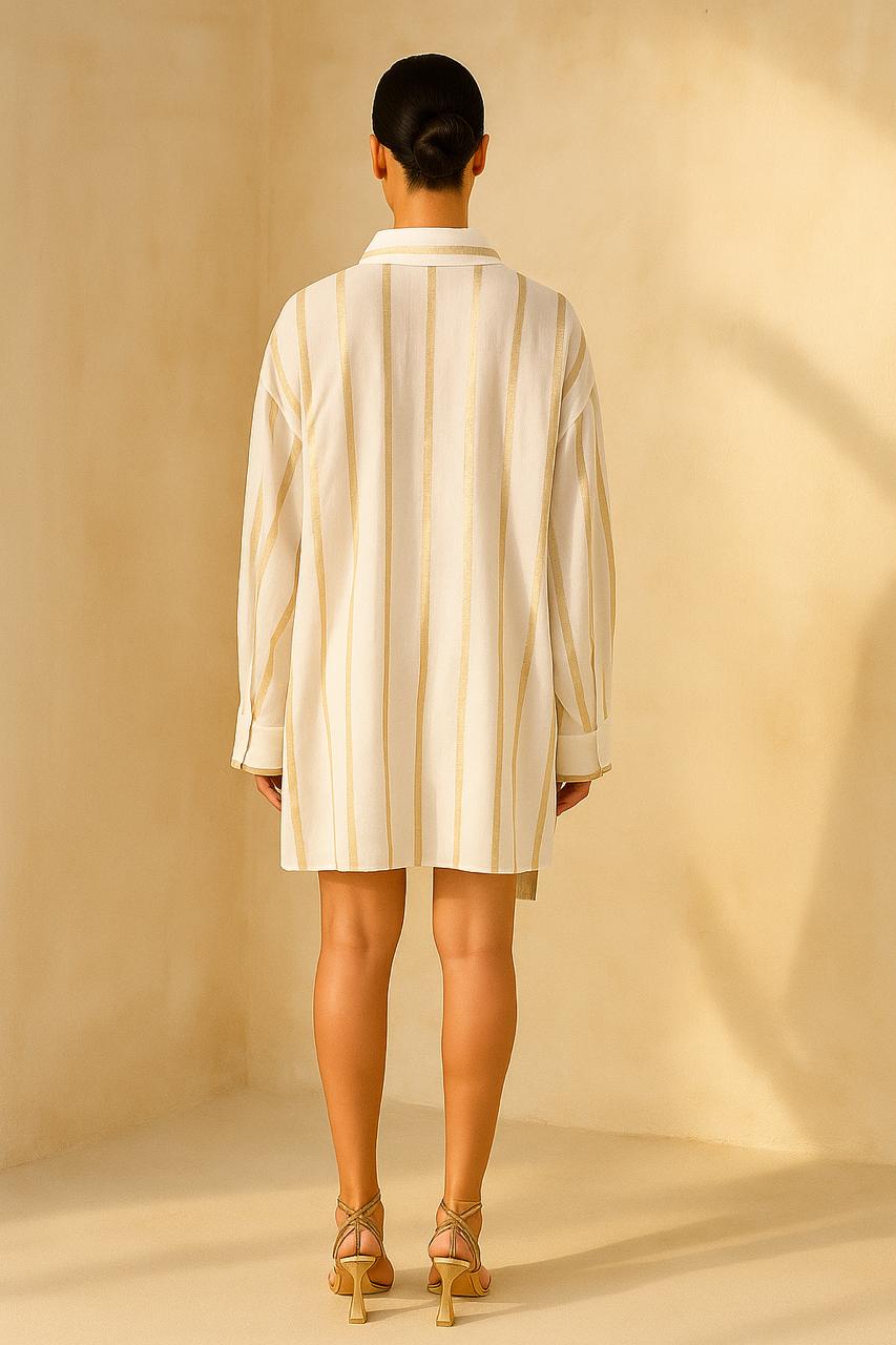 60's collar Mul-Mul shirt in white and gold pinstripe's