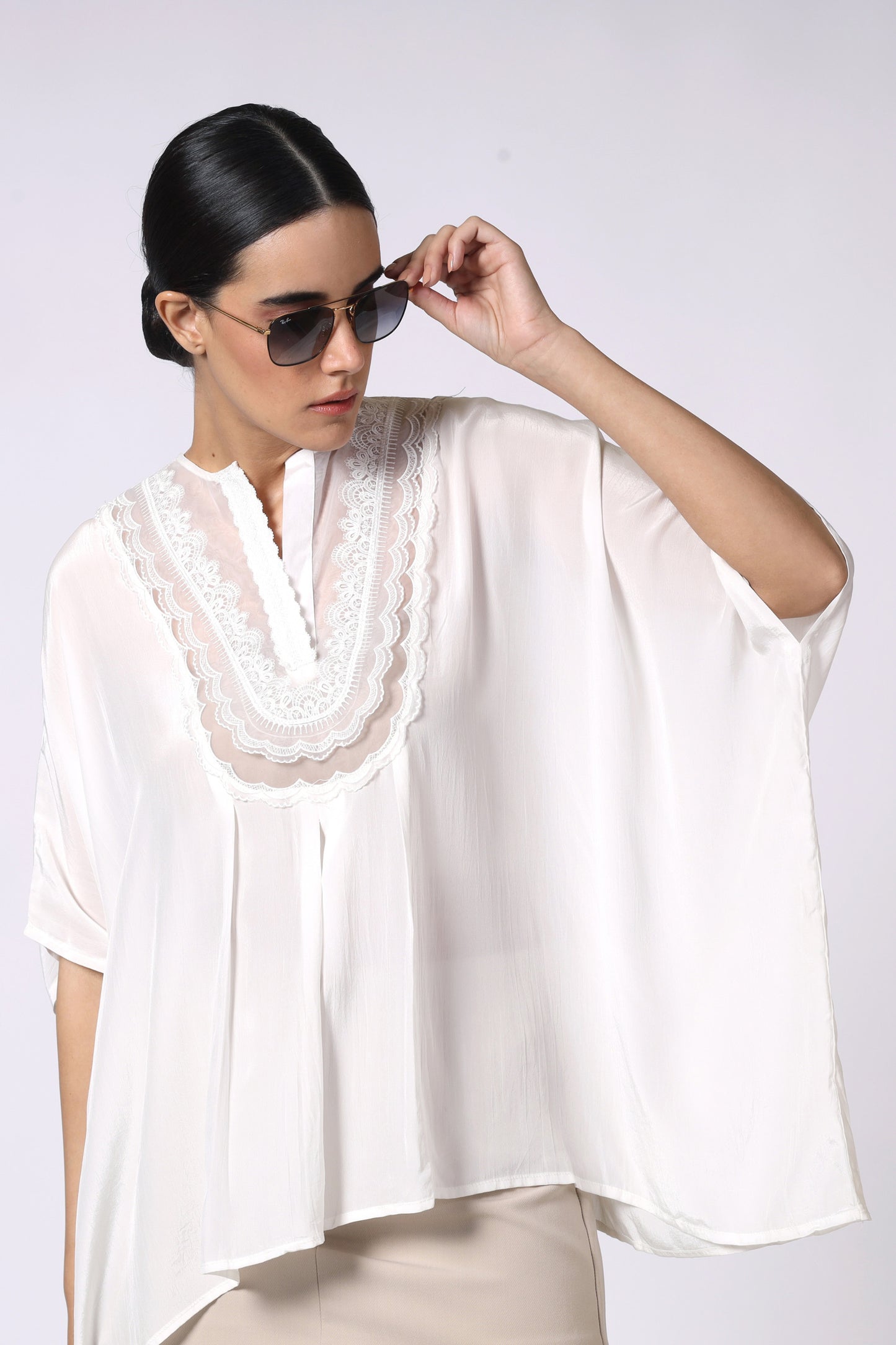 White Kaftan Top in bamboo crepe  with lace yoke
