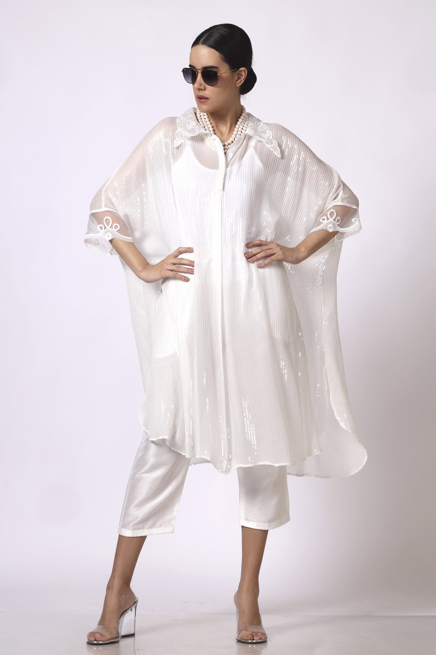 White Sequin Co-ord Set with lace collar & cuff (top+trousers+slip)