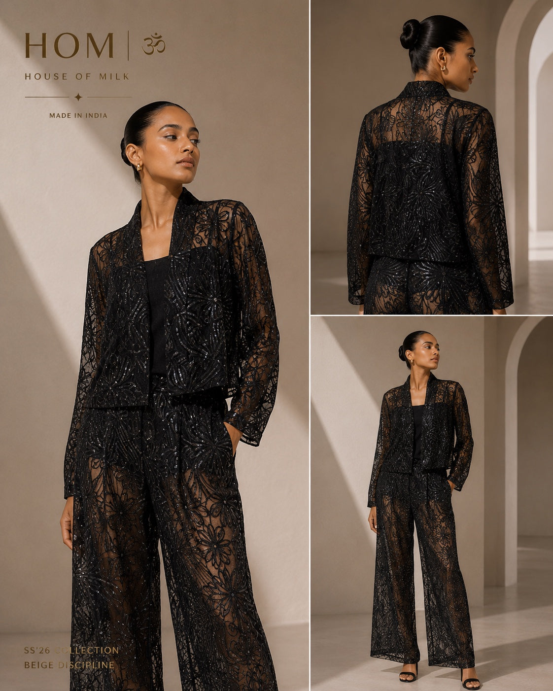 Beige Discipline — Black Lace Jacket + Pants