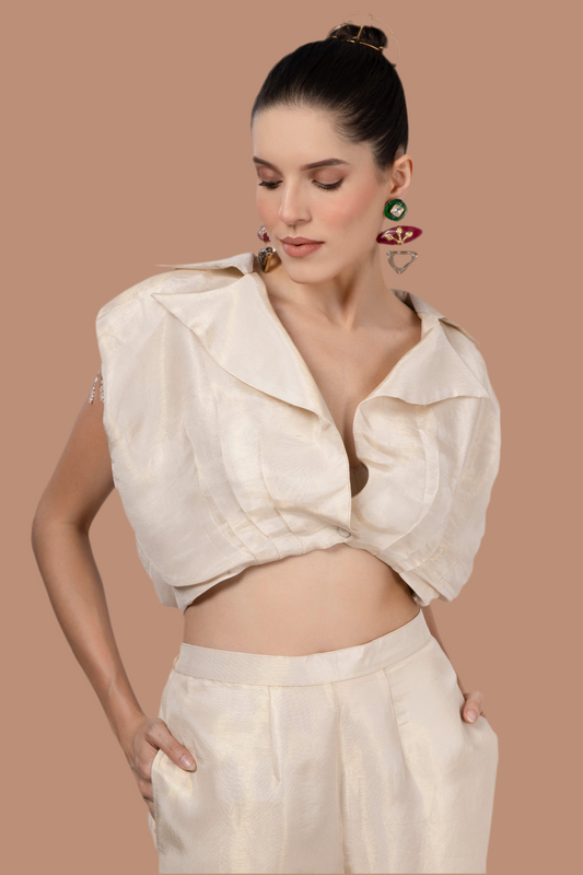Cream-Gold crop jacket with shoulder pads & beaded tassel sleeves