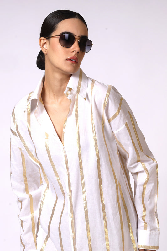 60's collar Mul-Mul shirt in white and gold pinstripe's