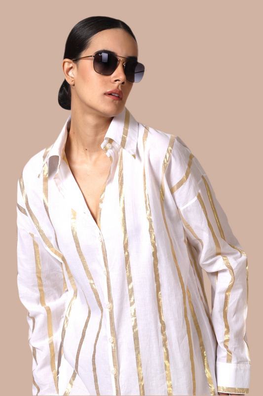 60's collar Mul-Mul shirt in white and gold pinstripe's