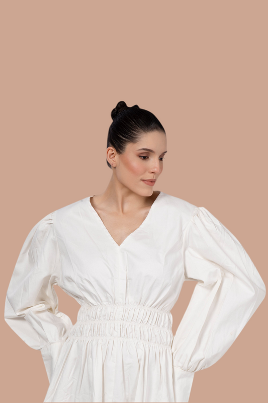 White cotton denim exaggerated sleeve dress with elastic waist and motif