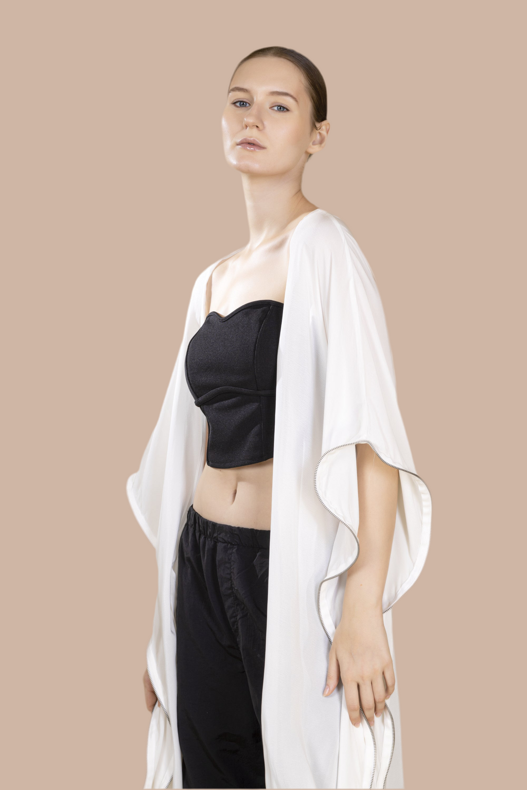 White Cape  in bamboo crepe with Zip Finish