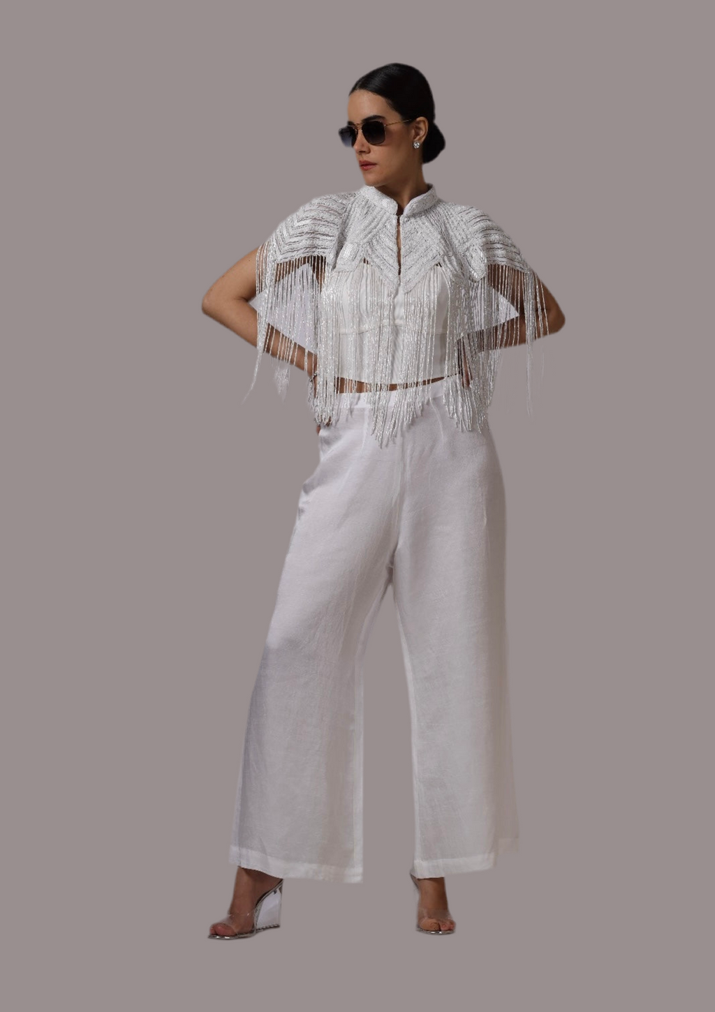 Hand embroidered white beaded tassel jacket