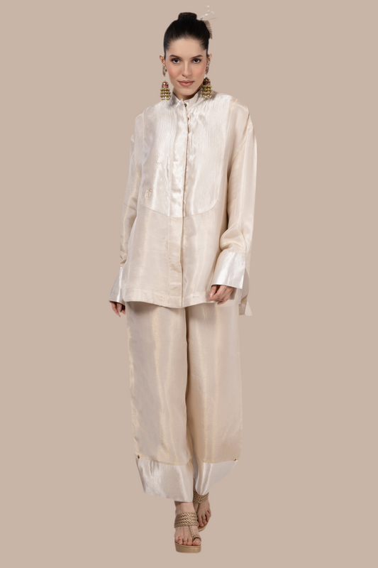 Cream-Gold Embroidered yolk shirt