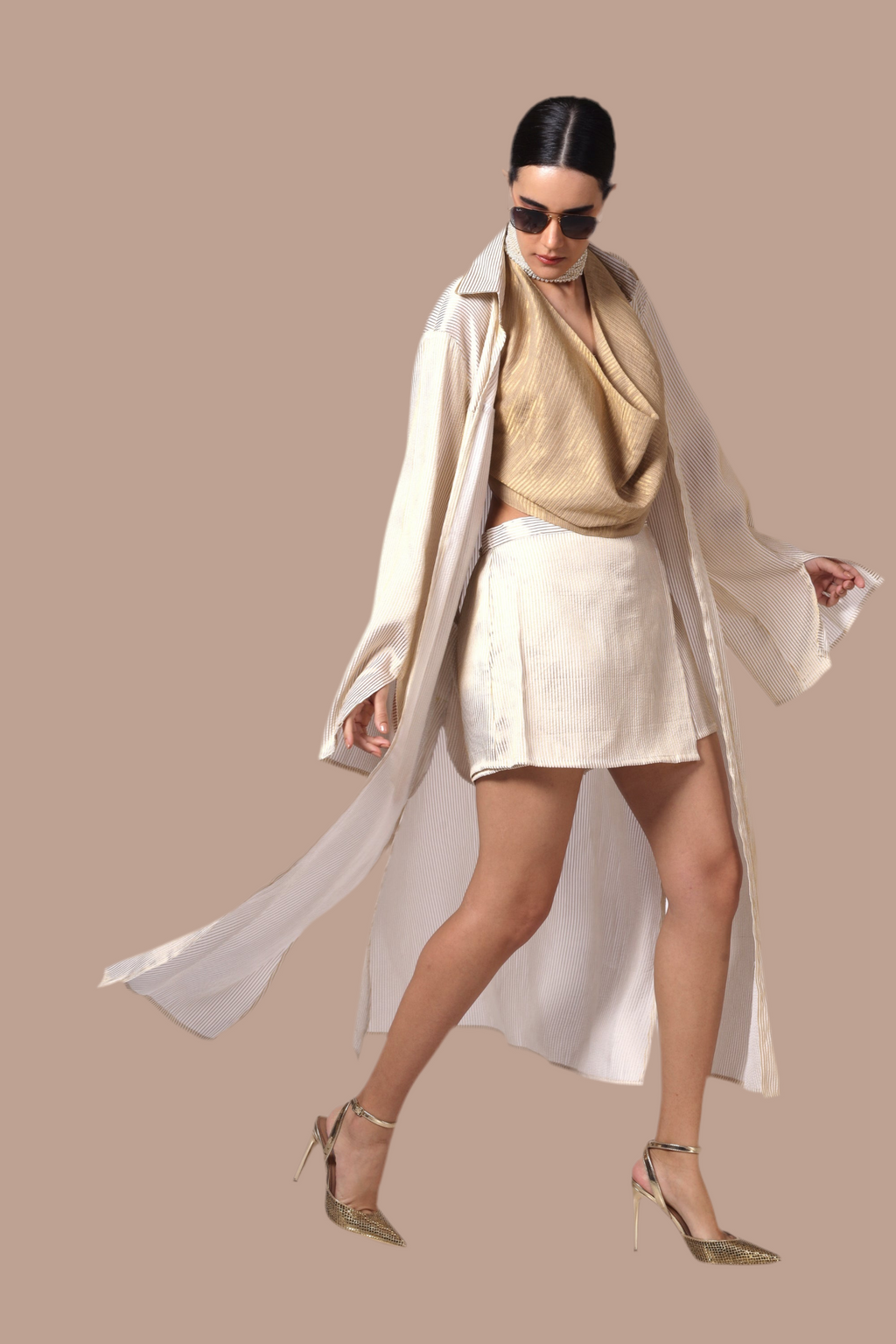 Cream and gold pinstripe skort