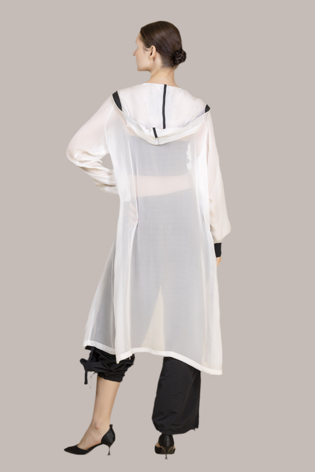White long organza bomber with hoodie finished in black tape