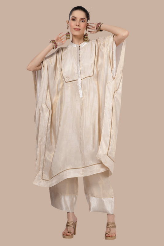 Cream-Gold embroidered top with gold ladder and embroidered motif at yolk