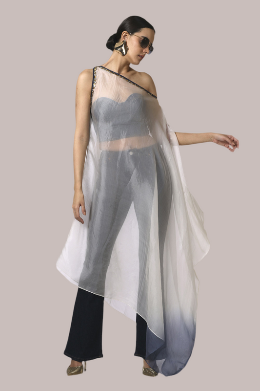 Cream tie n dye one shoulder organza long top paired with a denim bustier