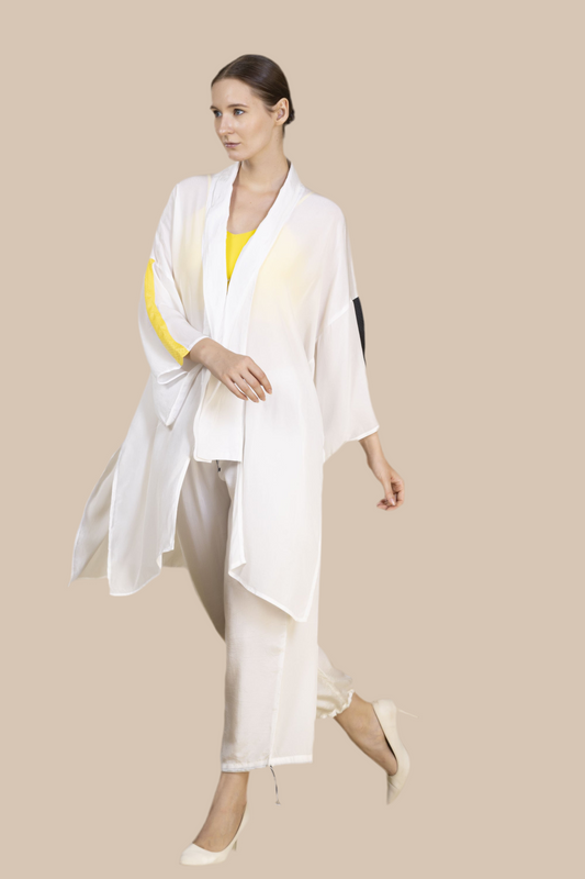 White Kimono in bamboo crepe with print in gold & black mesh strip on the sleeve