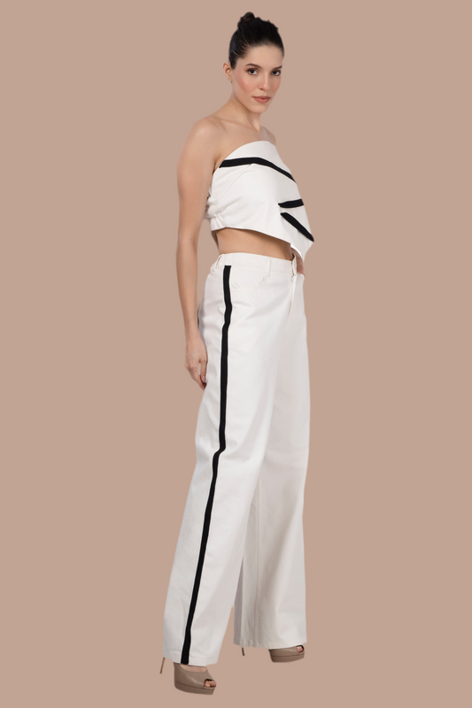 White cotton denim scarf top with black tape detail on bodice