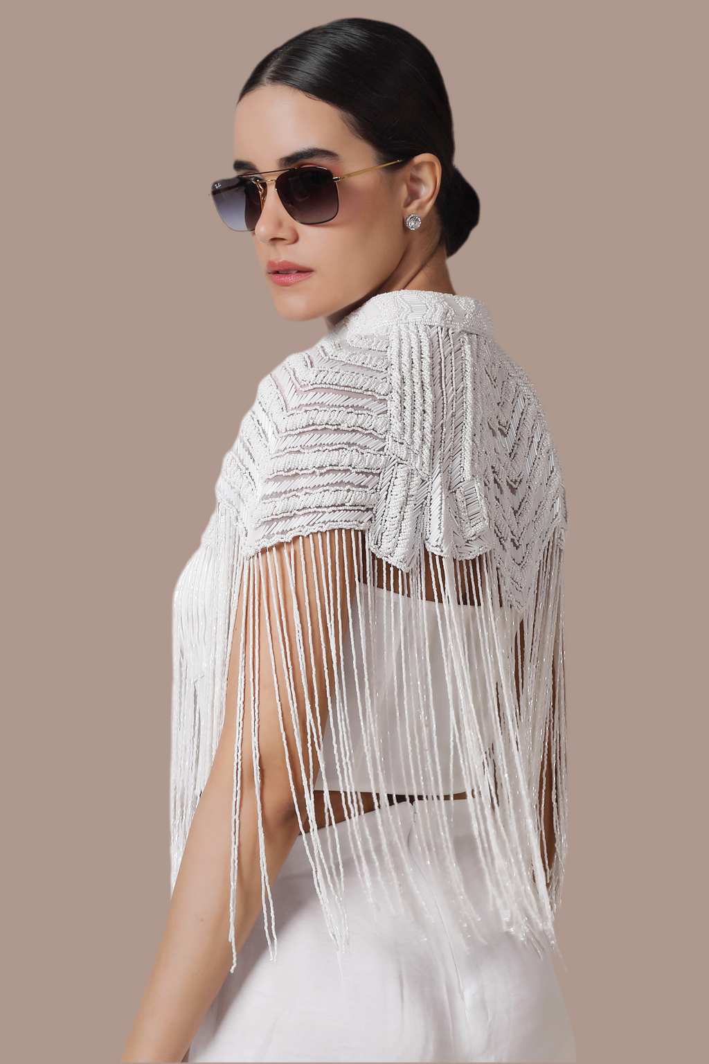 Hand embroidered white beaded tassel jacket