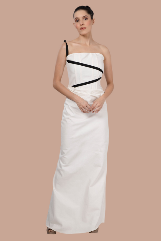 White cotton denim corset dress with black tape detail on bodice
