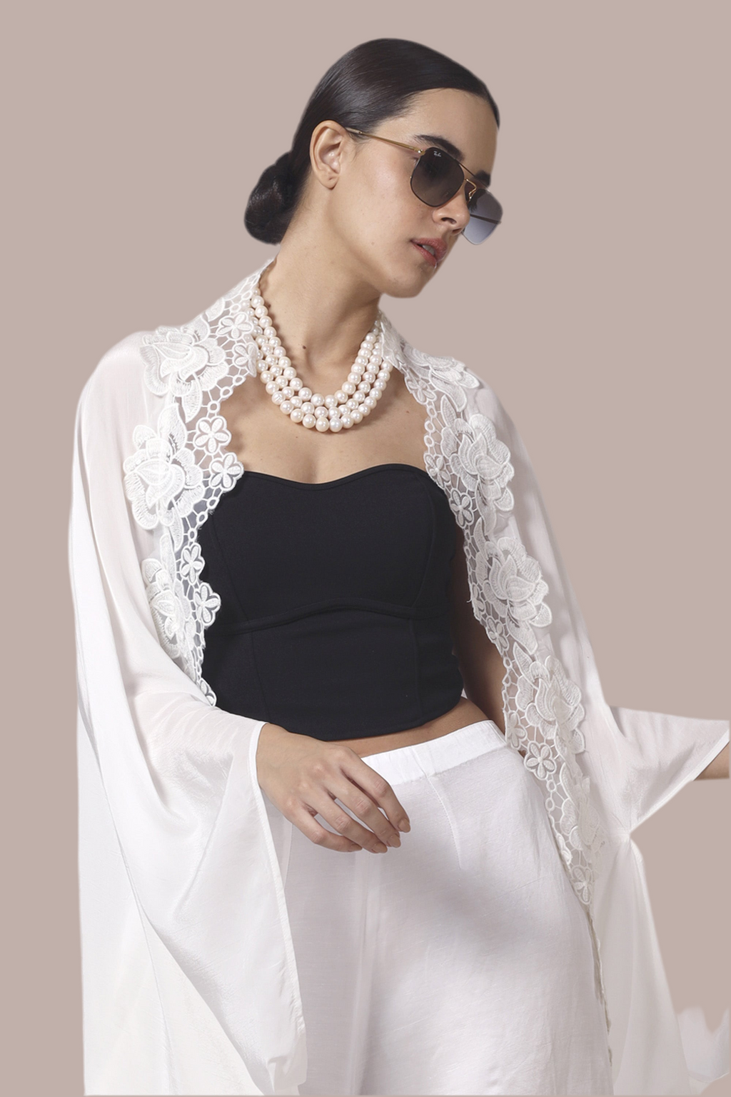 White wrap in  bamboo crepe finished with Rose Lace