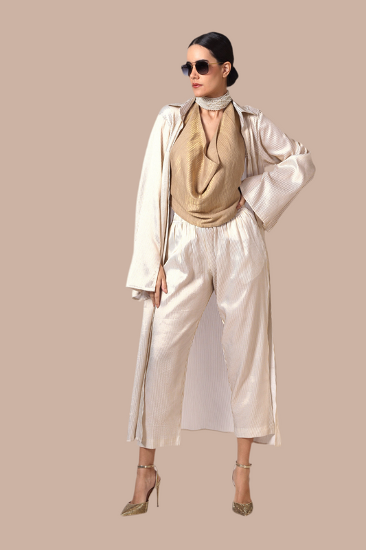 Cream and gold pinstripe jacket with hand embroidered motif on cuff
