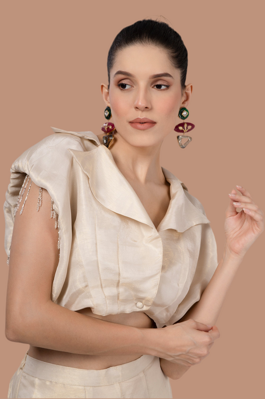 Cream-Gold crop jacket with shoulder pads & beaded tassel sleeves