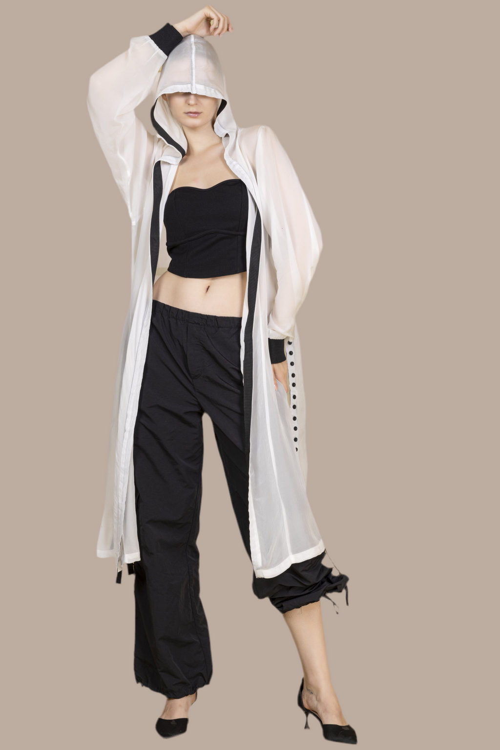 White long organza bomber with hoodie finished in black tape