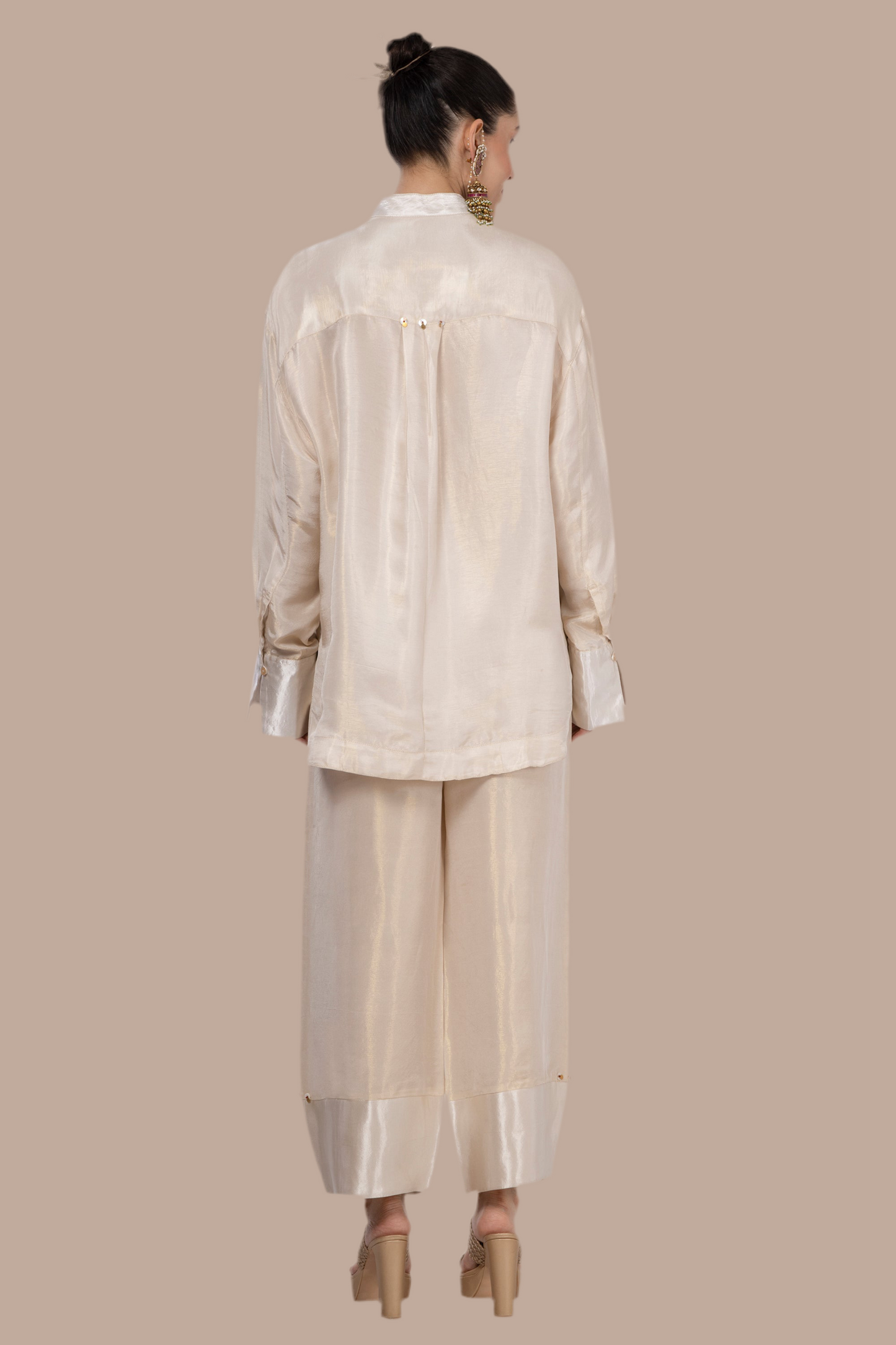 Cream-Gold Embroidered yolk shirt