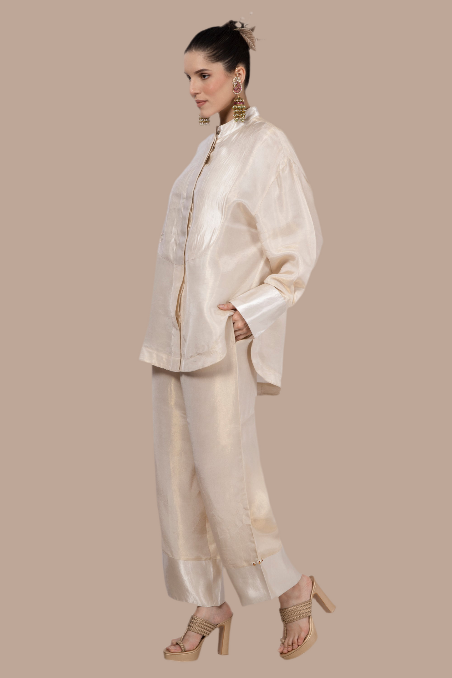 Cream-Gold Embroidered yolk shirt