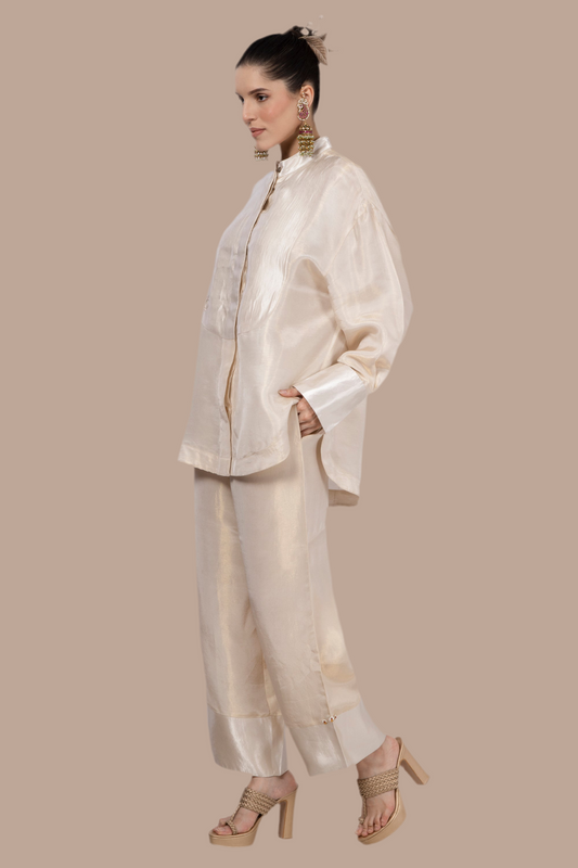 Cream-Gold Embroidered yolk shirt