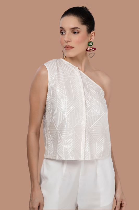 Cream One Shoulder lace waistcoat in embroidered fabric with sequins (no lining in the back)