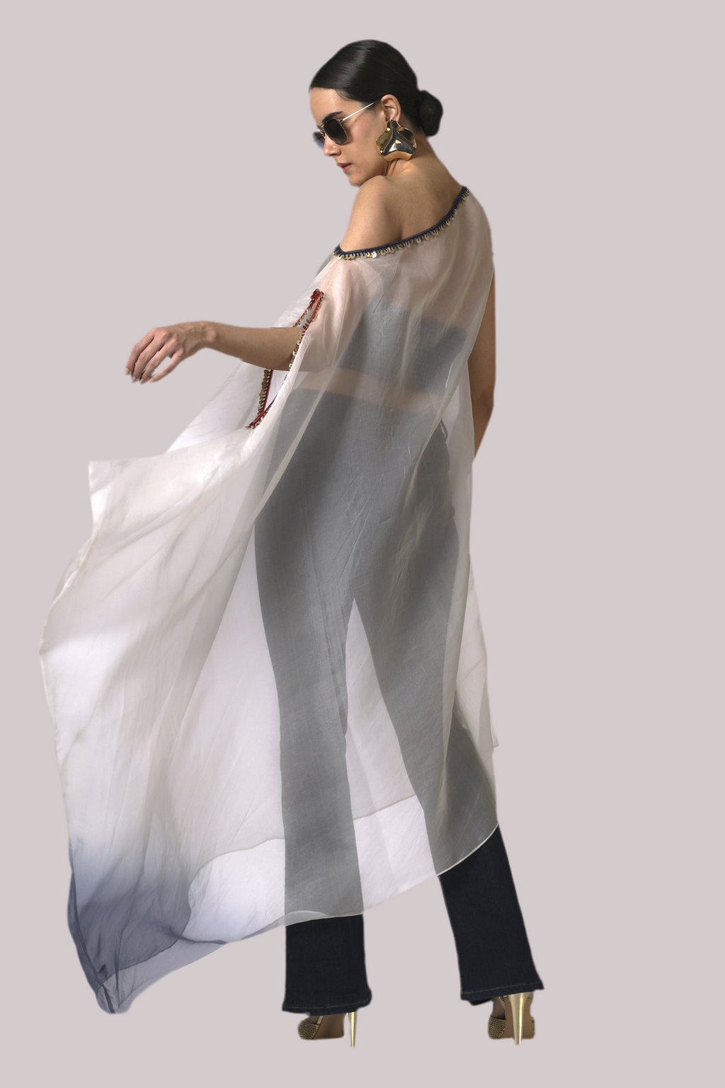 Cream & Navy tie n dye one shoulder organza long top finished in red & Navy embroidery paired with a denim bustier