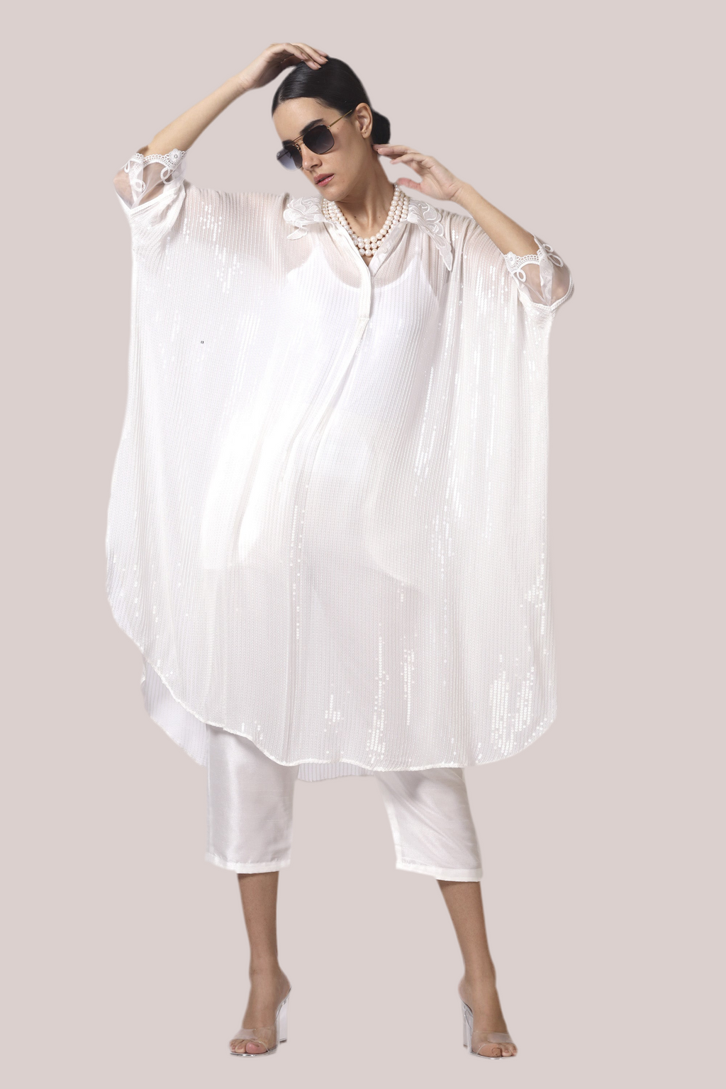 White Sequin Co-ord Set with lace collar & cuff (top+trousers+slip)