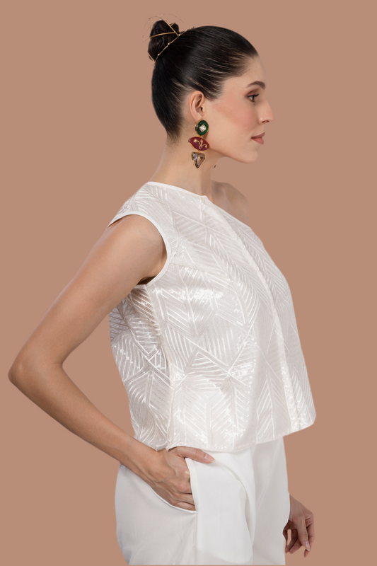 Cream One Shoulder lace waistcoat in embroidered fabric with sequins (no lining in the back)