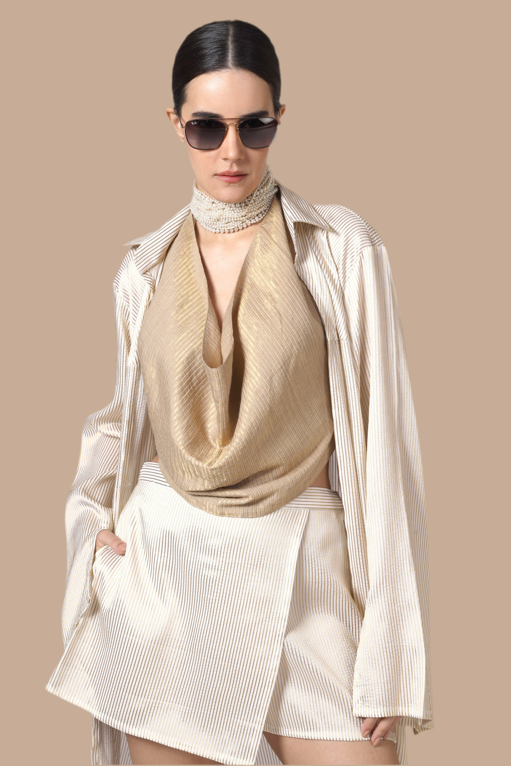 Cream and gold pinstripe skort