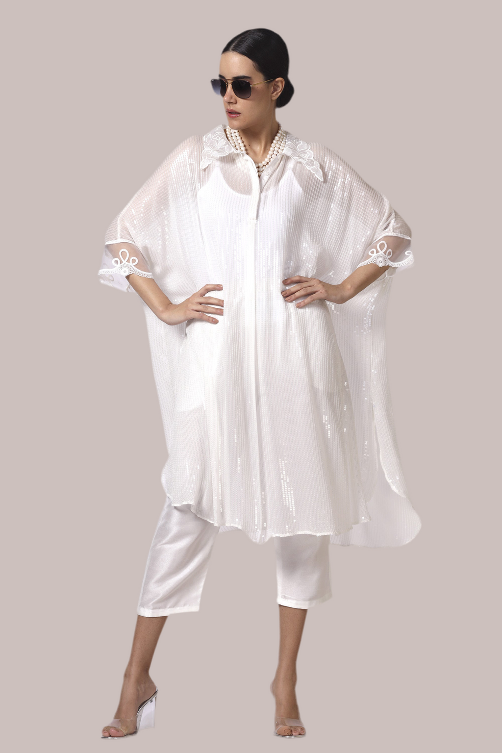 White Sequin Co-ord Set with lace collar & cuff (top+trousers+slip)