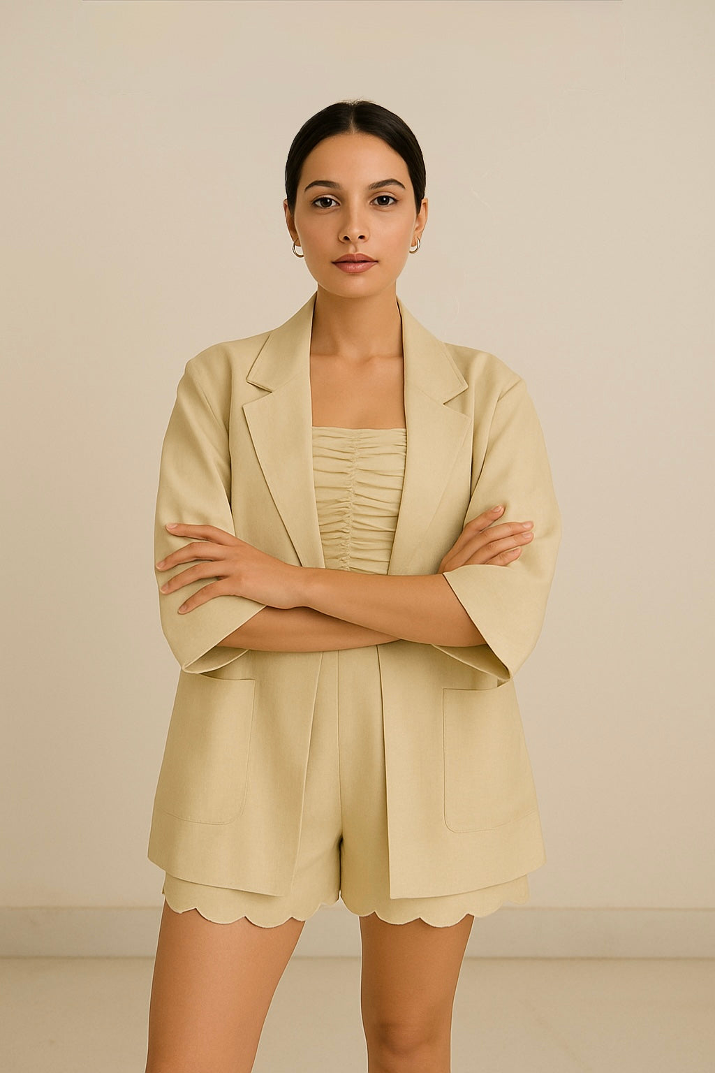 Gold & Cream Jacket, bustier & shorts set