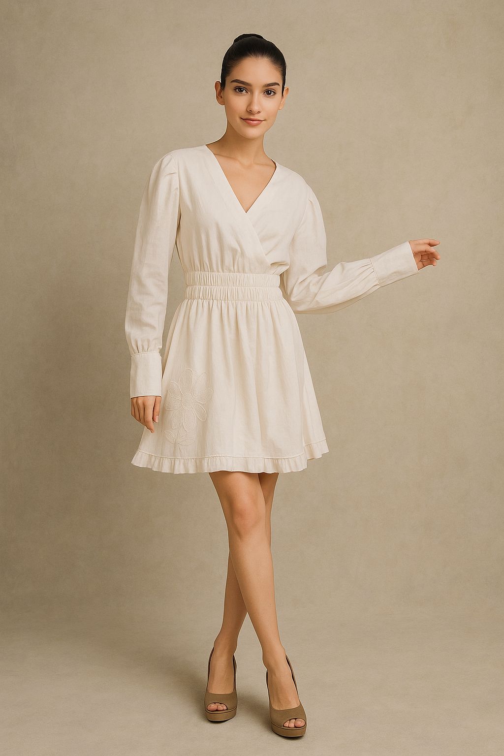 White cotton denim exaggerated sleeve dress with elastic waist and motif