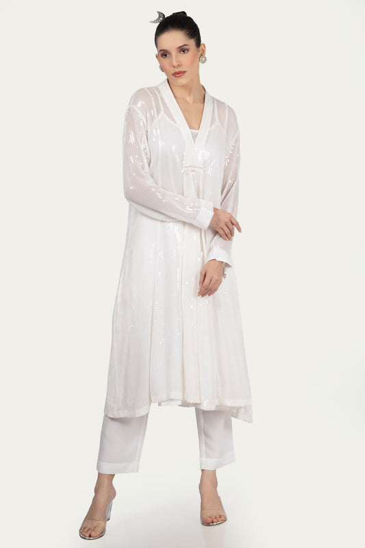 White Sequin V neck Co-ord Set - metallic embroider (top+trousers+slip)