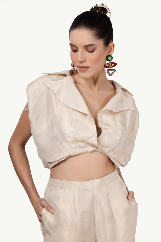 Cream-Gold crop jacket with shoulder pads & beaded tassel sleeves