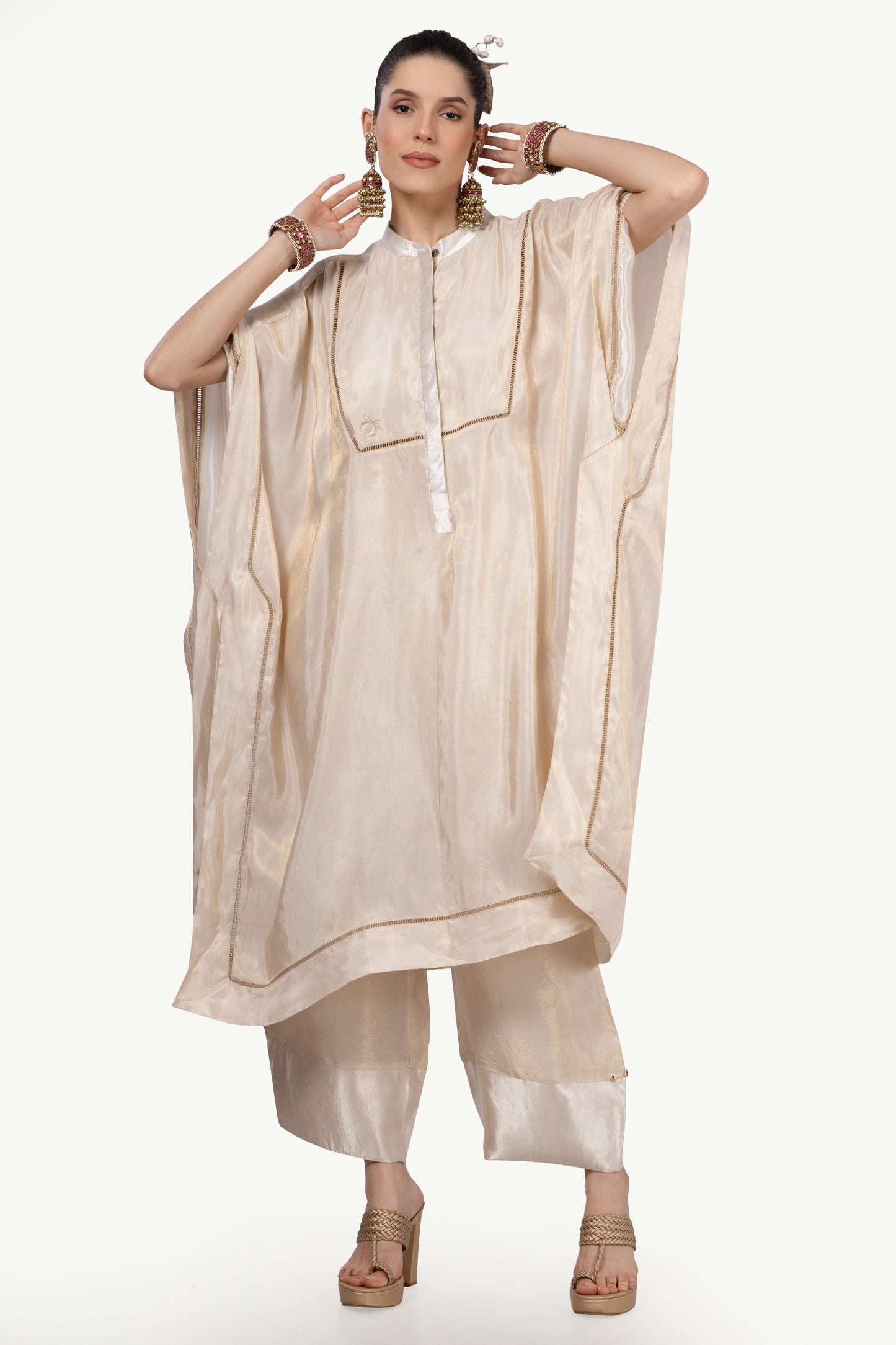 Cream-Gold embroidered kaftan top with gold ladder