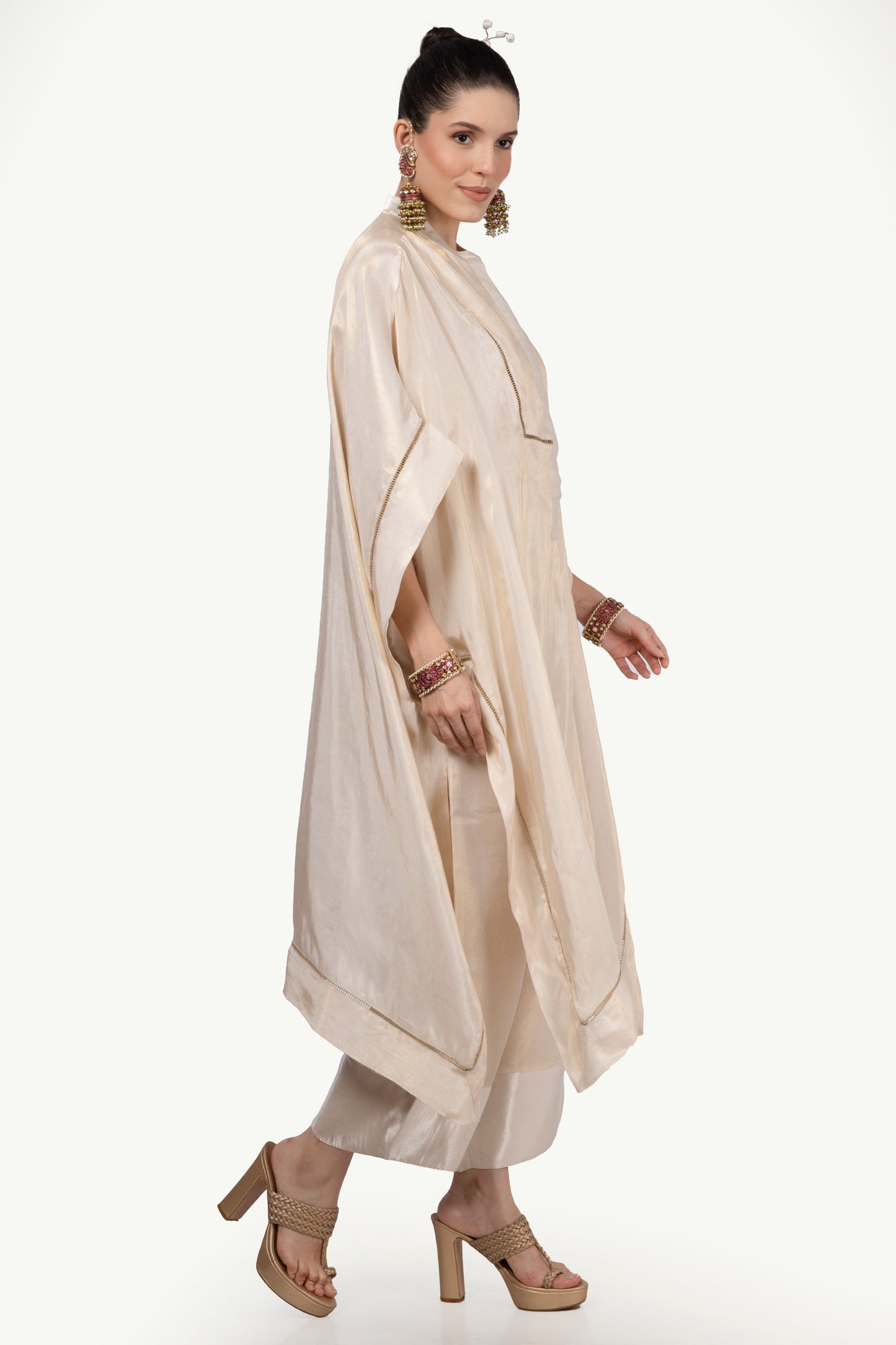 Cream-Gold embroidered kaftan top with gold ladder