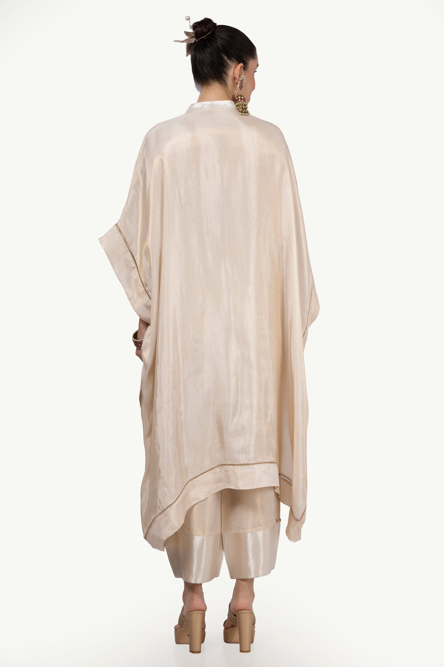 Cream-Gold embroidered kaftan top with gold ladder