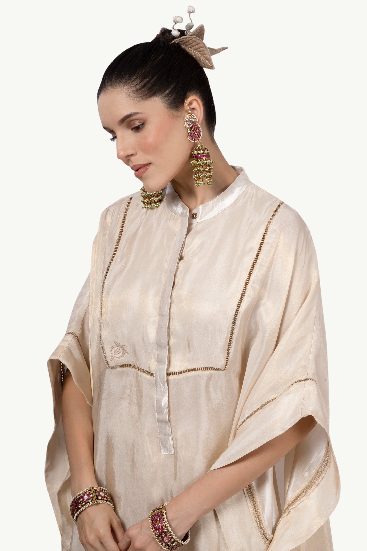 Cream-Gold embroidered kaftan top with gold ladder