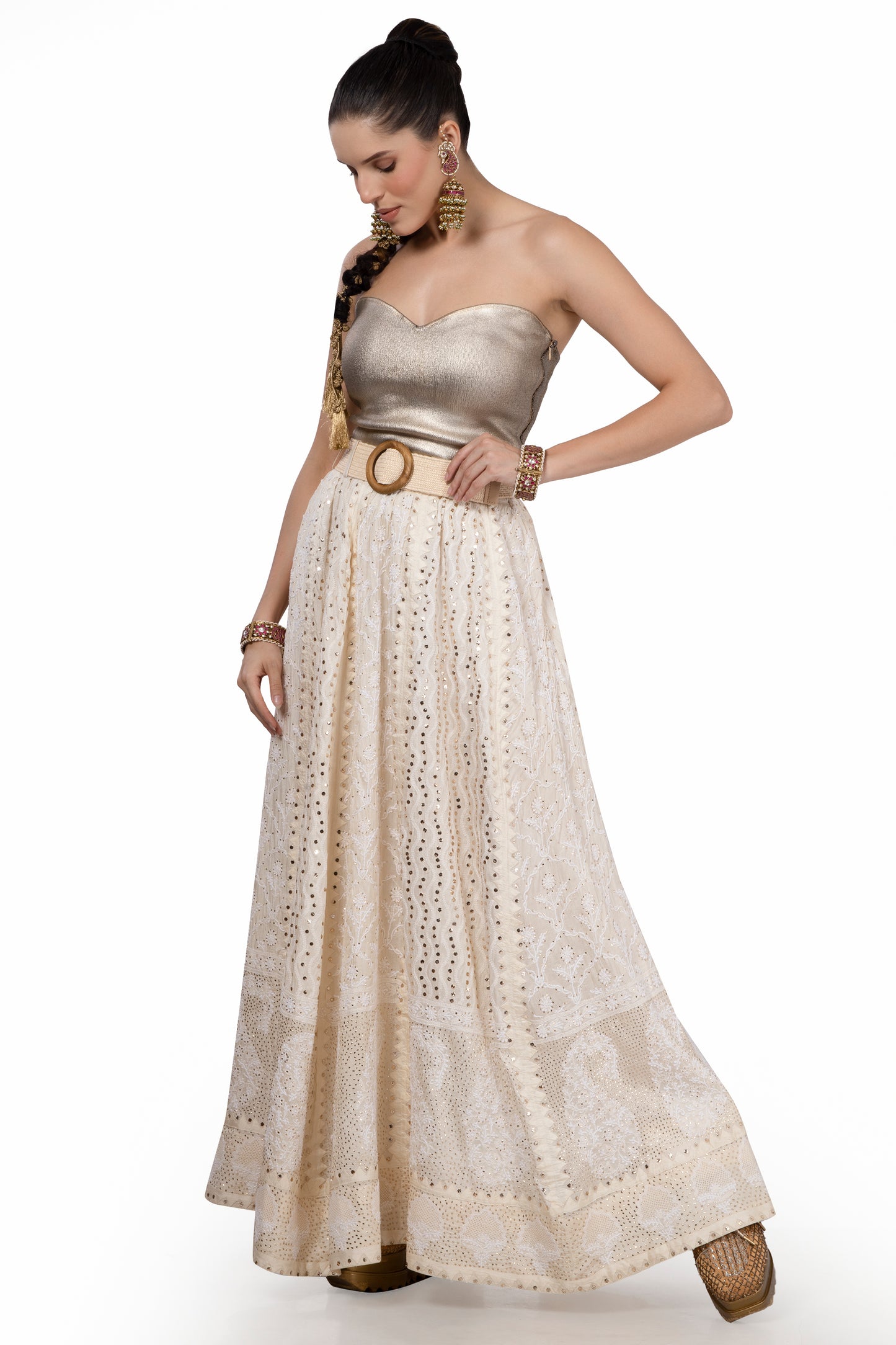 Cream silk skirt/Lehenga hand embroidered in intricate Chikankari work with belt