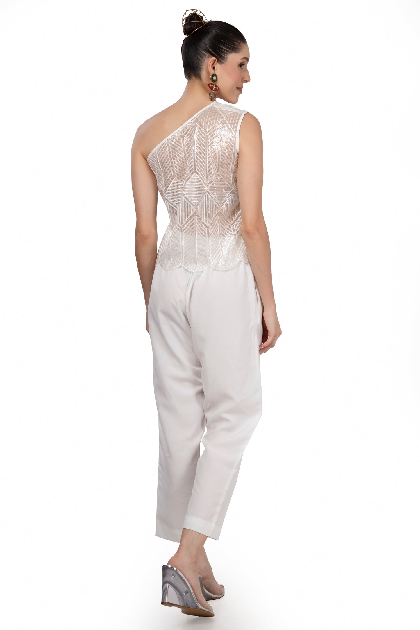 Cream One Shoulder lace waistcoat in embroidered fabric with sequins (no lining in the back)