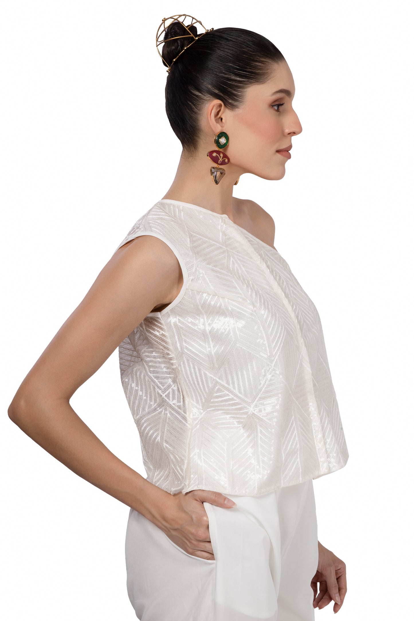 Cream One Shoulder lace waistcoat in embroidered fabric with sequins (no lining in the back)