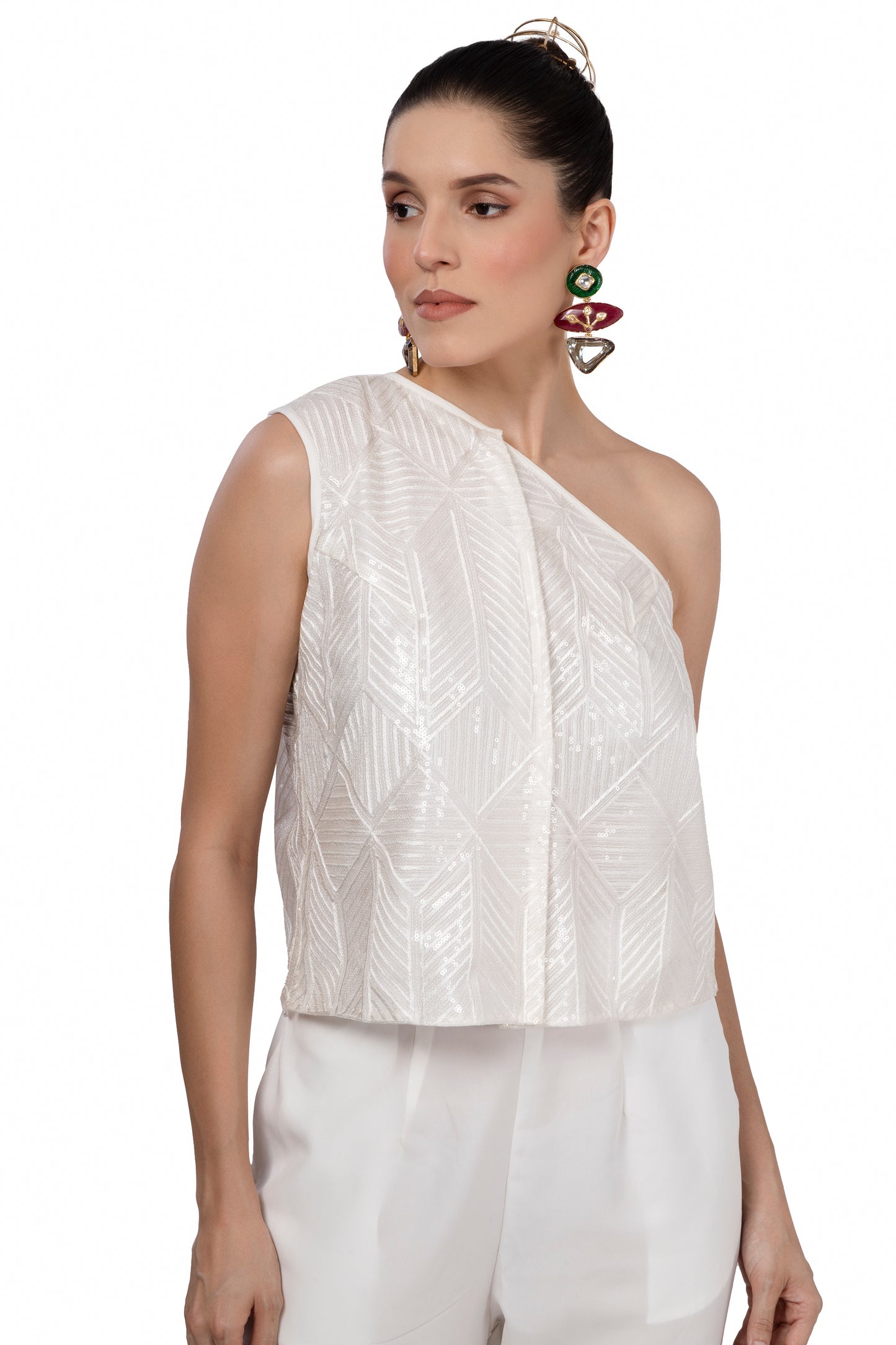 Cream One Shoulder lace waistcoat in embroidered fabric with sequins (no lining in the back)